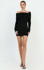 Tess Mini Dress - Asymmetric Off Shoulder Long Sleeve Knit Dress in Black