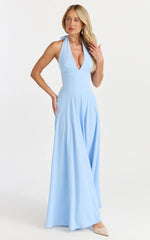 Poppy Maxi Dress - Contrast Skirt Deep Plunge Halter Dress in Blue
