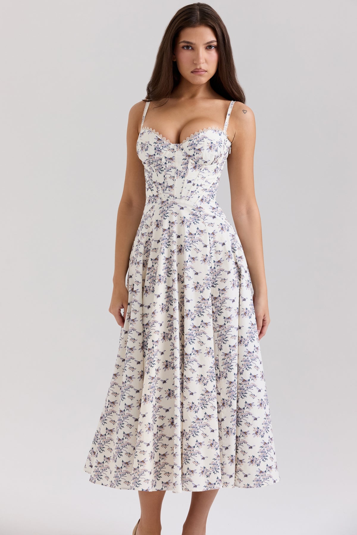 Cream Stretch Cotton Floral Print Midi Sundress