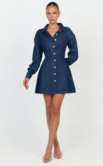 Amaris Mini Dress - Long Sleeve Corset Shirt Dress in Dark Blue Wash