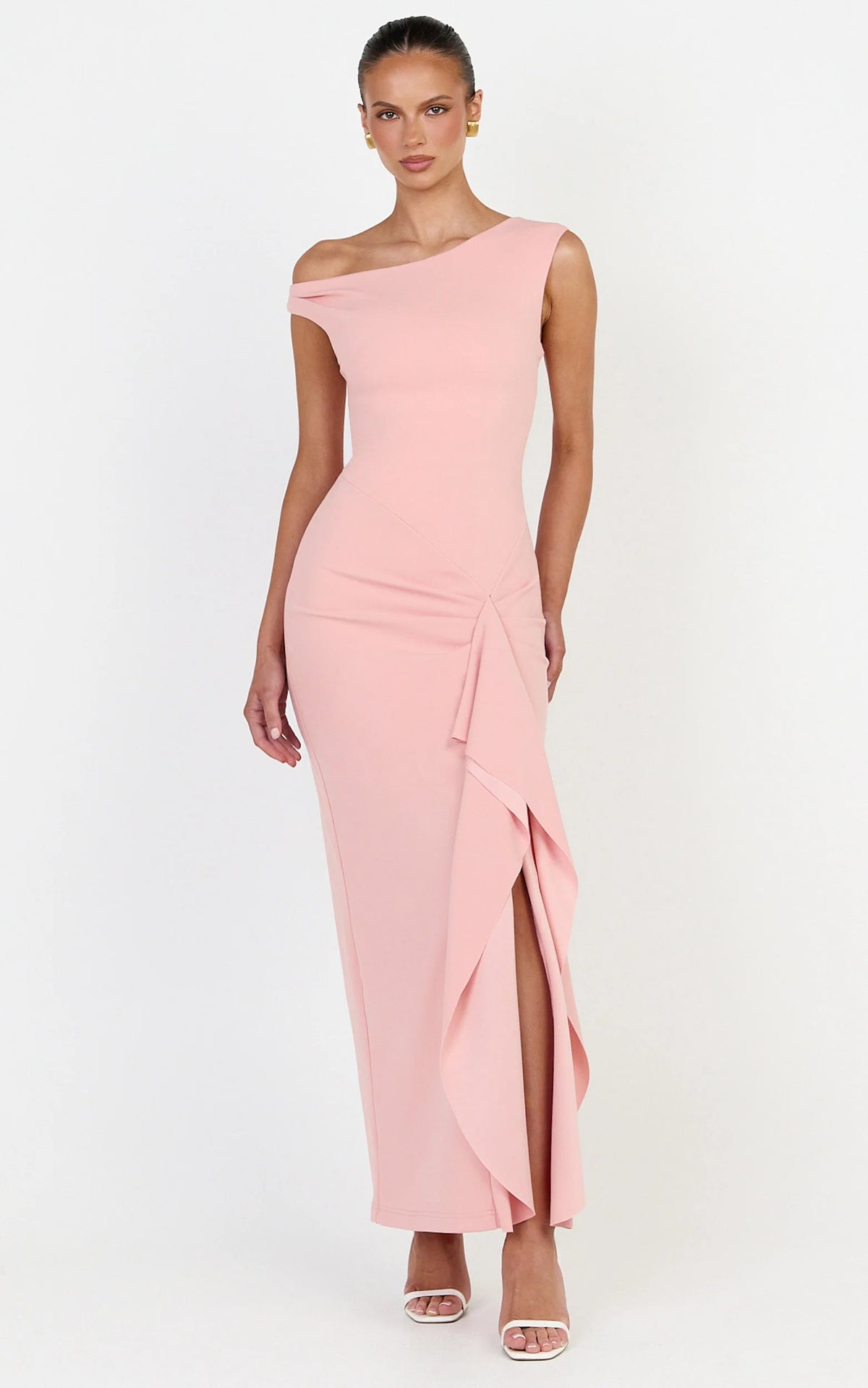 Alba Maxi Dress - Off Shoulder Waterfall Sash Dress in Pink