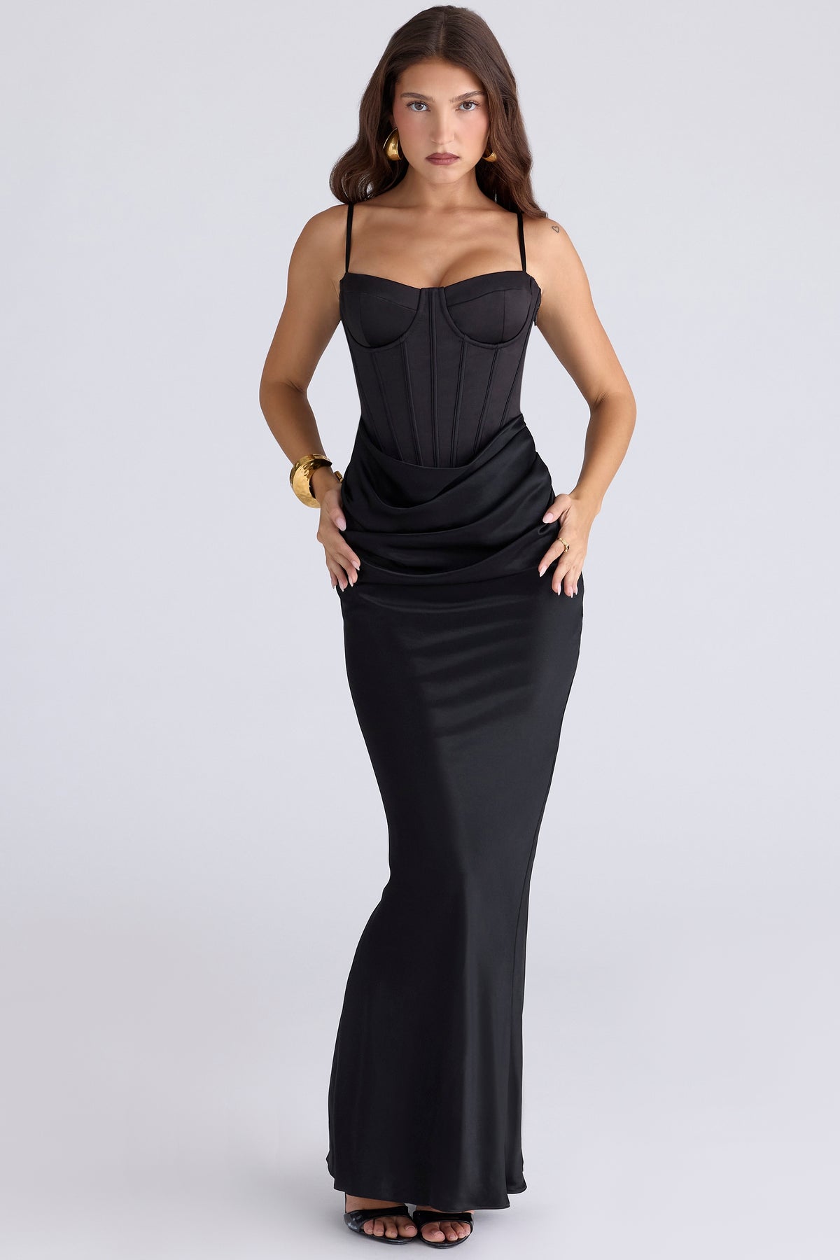 Black Satin Draped Corset Maxi Dress