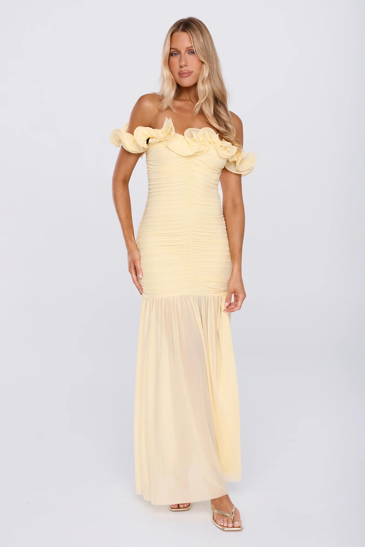 Standout Moment Mesh Off Shoulder Maxi Dress Butter