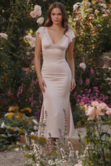 Pink Satin Lace Trim Midi Tea Dress