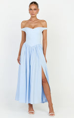 Lacey Midi Dress - Off Shoulder Gathered Waist Dress in Blue