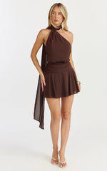 Penelope Mini Dress - Scarf Neck Backless Dress in Chocolate