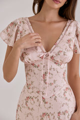 Vintage Rose Floral Print Satin V-neck Midi Tea Dress