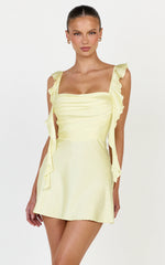 Belrose Mini Dress - Satin Square Neck Ruffle Front Bodycon Dress in Yellow