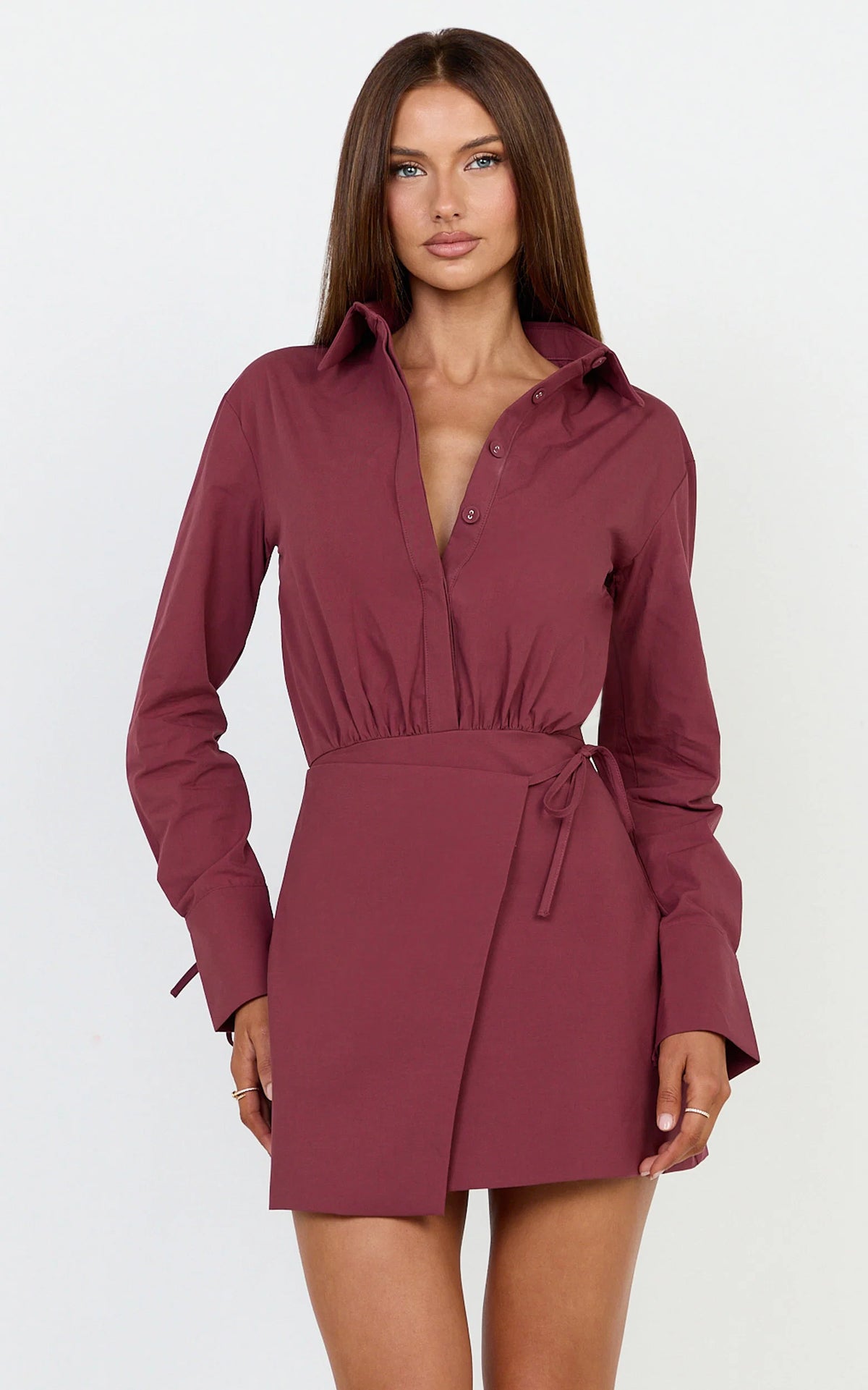 Heath Mini Dress - Collared Button Up Shirt Dress in Wine