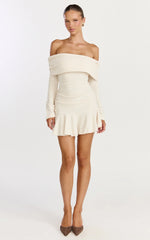 Maeve Mini Dress - Off Shoulder Long Sleeve Fit And Flare Mini Dress in Cream