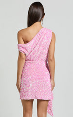 Tonya Mini Dress - Sequin Drape One Shoulder Dress in Pink