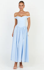 Lacey Midi Dress - Off Shoulder Gathered Waist Dress in Blue