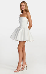 Lana Mini Dress - Ruched Bust Fit And Flare Strapless Corset Bodice Dress With Lace Up Back in White