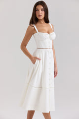 White Cotton Button Front Midi Dress