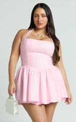 Helda Mini Dress - Halter Tie Neck Corset Panel Dress in Pink