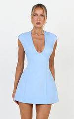 Lilo Mini Dress - V Neck Cap Sleeve Tulip Shape Dress in Cornflower Blue