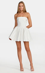 Lana Mini Dress - Ruched Bust Fit And Flare Strapless Corset Bodice Dress With Lace Up Back in White