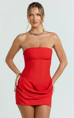 Natalie Mini Dress - Strapless Draped Skirt Dress in Red
