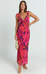 Alessa Midi Dress - V Neck Frill Detail Empire Waist Back Cut Out Dress in Adeana Print