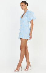 Azalea Mini Dress - Puff Sleeve 3D Floral A Line Dress in Blue
