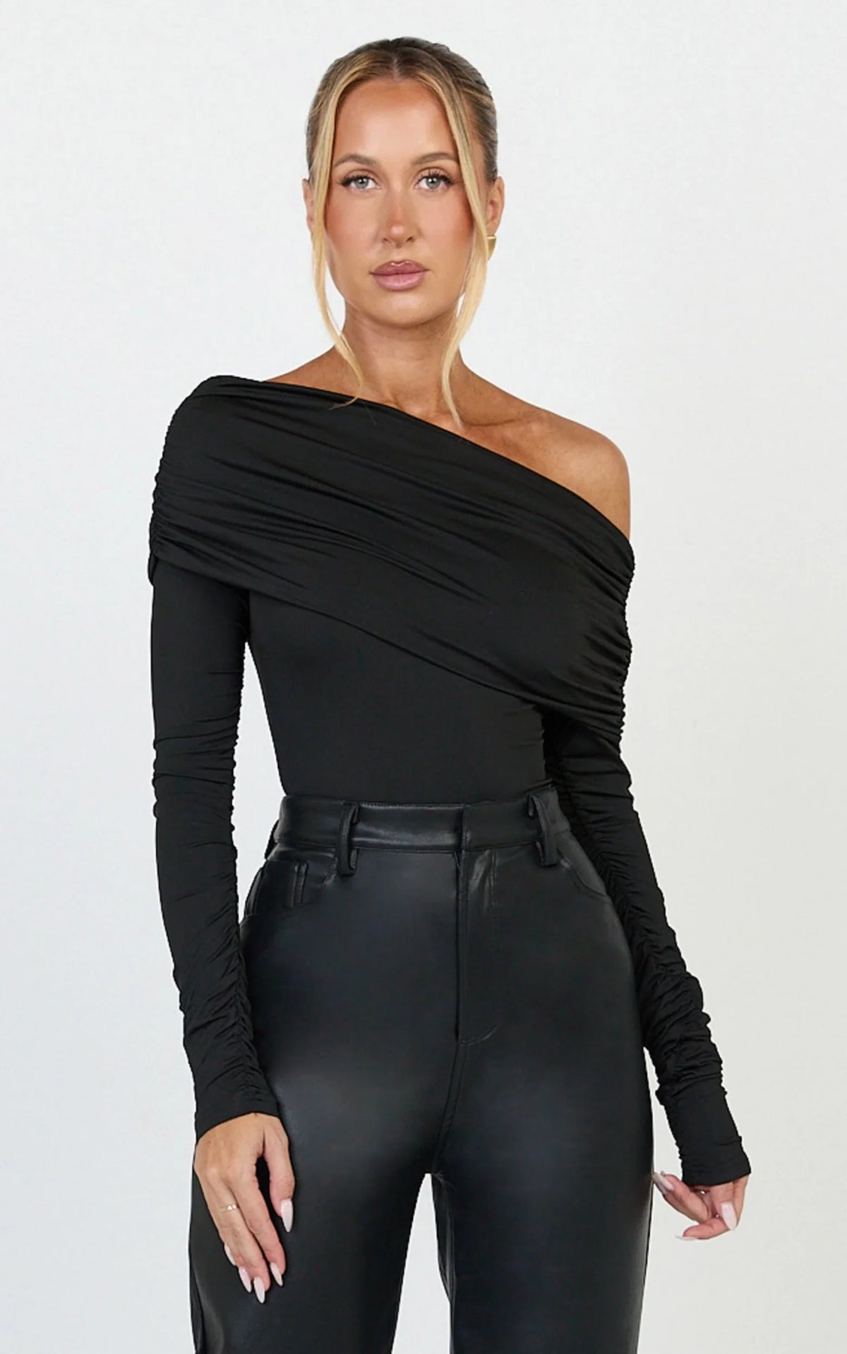 Hallie Bodysuit - One Shoulder Draped Long Sleeve Bodysuit in Black