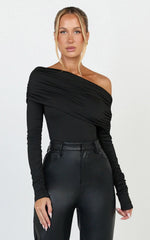 Hallie Bodysuit - One Shoulder Draped Long Sleeve Bodysuit in Black
