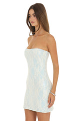 Strapless Lace Mini Dress in Light Blue and White