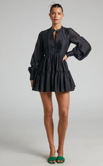 Kyra Mini Dress - Pin Tuck Detail Tiered Shirt Dress in Black