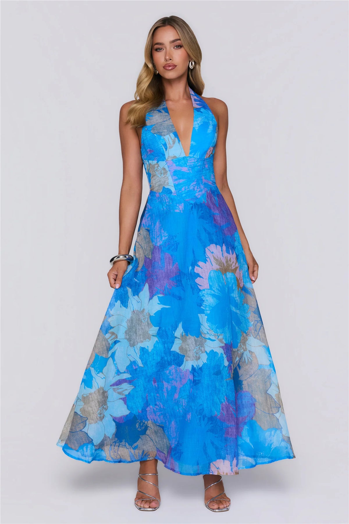 Floral Statement Halter Maxi Dress Blue