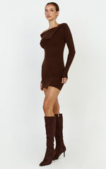 Tess Mini Dress - Asymmetric Off Shoulder Long Sleeve Knit Dress in Chocolate