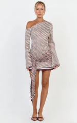 Noelle Mini Dress - Geo Print Off Shoulder Tie Front Dress in Geo Border Print