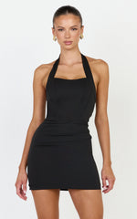 Karina Mini Dress - Halter Neck Princess Panel Tucked Waist Dress in Black