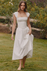 White Cotton Broderie Anglaise Trim Midi Sundress