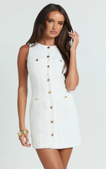 Alberta Mini Dress - Fitted Hardware Button Down Welt Pocket Dress in Off White