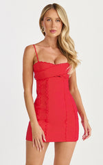 Gigi Mini Linen Blend Dress - Sweetheart Tie Back Scallop Detail Dress in Red