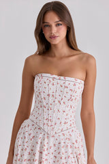 White Rose Print Strapless Cotton Maxi Dress