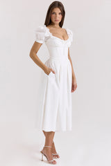 White Stretch Cotton Puff Sleeve Midi Dress