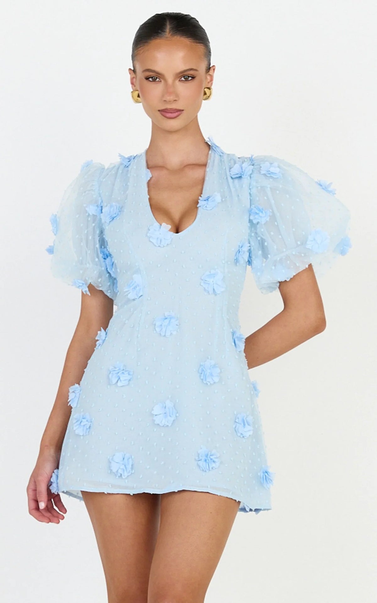 Azalea Mini Dress - Puff Sleeve 3D Floral A Line Dress in Blue