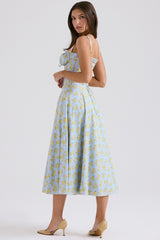 Soft Blue Vintage Floral Print Cotton Bustier Sundress