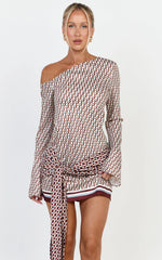 Noelle Mini Dress - Geo Print Off Shoulder Tie Front Dress in Geo Border Print