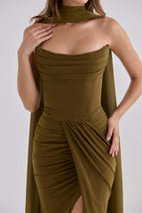 Olive Crepe Strapless Maxi Dress With Detachable Cape