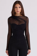 Black Draped Mesh Bodysuit