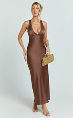 Khalani Midi Dress - Deep V Neck Satin Slip Dress in Chocolate