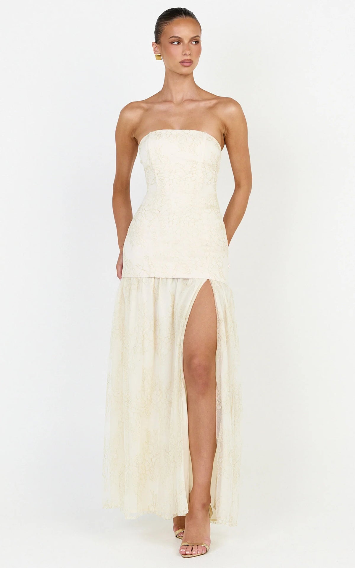 Brielle Maxi Dress - Strapless Gathered Fit & Flare Lace Dress in Champagne