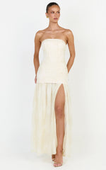 Brielle Maxi Dress - Strapless Gathered Fit & Flare Lace Dress in Champagne