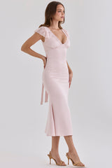 Pink Satin Lace Trim Midi Tea Dress