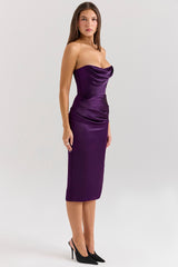 Grape Satin Strapless Midi Dress