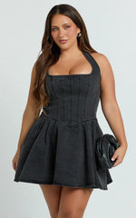 Hayes Mini Dress - Halter Neck Corset Bodice Dress in Washed Black