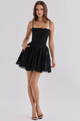 Black Custom Lace + Broderie Anglaise Cotton Mini Dress