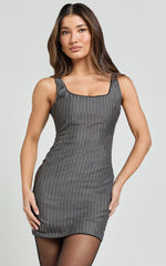 Tracey Mini Dress - Scoop Neck Bodycon Detailed Hem Dress in Charcoal Pinstripe